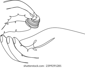 Linear drawing of two hands passing money. Financial industry. Banking, business. Without artificial intelligence