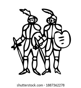 Lineare Zeichnung von zwei mittelalterlichen Rittern. Doodle-Stil. Fußritter in Rüstung.