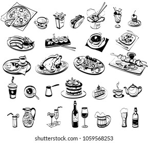 linear drawing of various food and drinks for a cafe, bar, restaurant, fast food, dining room; sketch, isolated objects, vector illustration