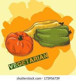 Linear drawing vegetables, vegetarian composition, vector illustration