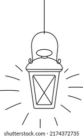 Linear drawing of a vintage oil lantern or kerosene lamp with rays of light. Vector illustration. Sign