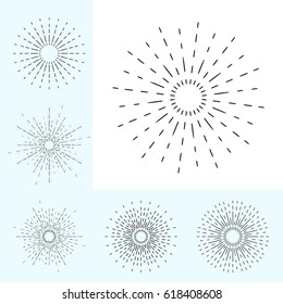 Linear Drawing of Vintage Sunbursts in Hipster Style. Vector Rays Radiating from a Central Object Isolated on White