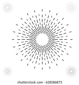 Linear Drawing of Vintage Sunbursts in Hipster Style. Vector Rays Radiating from a Central Object Isolated on White
