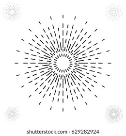 Linear Drawing of Vintage Sunbursts in Hipster Style. Vector Rays Radiating from a Central Object Isolated on White