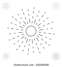 Linear Drawing of Vintage Sunbursts in Hipster Style. Vector Rays Radiating from a Central Object Isolated on White