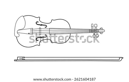 Linear drawing of a violin and bow isolated on a white background. Linear icon, vector illustration. Orchestral and solo musical instrument.