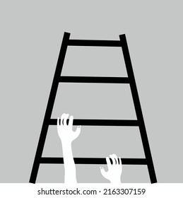 linear drawing of white hands and black stripes of stairs on a gray background. The concept of career growth