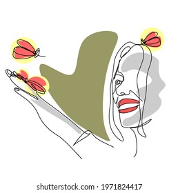 a linear drawing of a woman with a butterfly in her hands and on her hair in boho style, close-up on a white isolated background. Spa services, beauty salon. Minimalism. Print for T-shirts, for colori