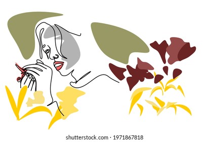 a linear drawing of a woman with a butterfly in her hands and on her hair in boho style, close-up on a white isolated background. Spa services, beauty salon. Minimalism. Print for T-shirts, for colori