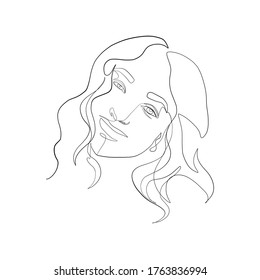 Linear drawing of woman with happy expression. Human emotion with smile. Linear glamour woman in minimal style. Continuous line drawing. Beauty simple portrait woman face. 