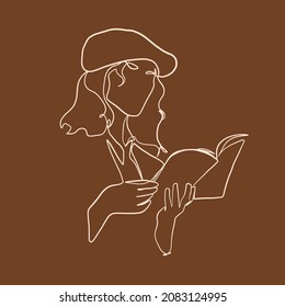 Linear drawing of woman holding an open book. Reading girl