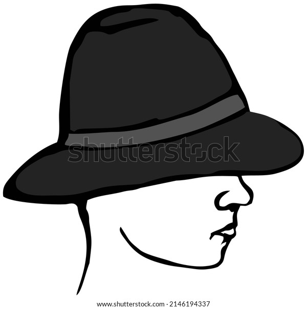 Линейный рисунок головы женщины, с ее лицом, закрытым классической черной шляпой, женская голова. Векторный рисунок №1664 2022. Художник Андрей Бондаренко @iThyx_AK