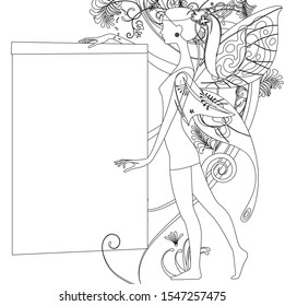 Linear drawing of a young fairy girl with butterfly wings holding a sheet banner against the decorative floral and plant isolated on white. Vector 

illustration for a coloring book 