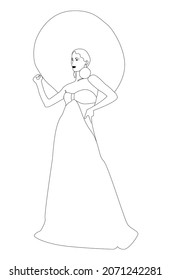 Linear drawing of a young woman in a large hat and open dress.