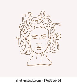 Linear drawings of heads of antique statues of the goddess and mythical god in the engraving style. Creative minimal linear woman vector with growing branch from her head.