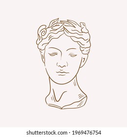 Linear drawings heads antique statues the goddess   mythical god in the engraving style  Creative minimal linear woman vector and growing branch from her head 