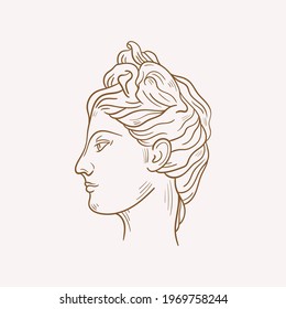 Linear drawings of heads of antique statues of the goddess and mythical god in the engraving style. Creative minimal linear woman vector with growing branch from her head.