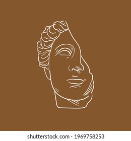 Linear drawings of heads of antique statues of the goddess and mythical god in the engraving style. Creative minimal linear woman vector with growing branch from her head.