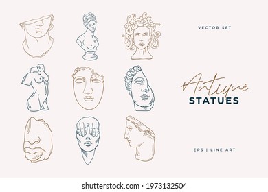 Linear drawings of heads of antique statues of the goddess and mythical god in the engraving style. Creative minimal linear woman vector with growing branch from her head.