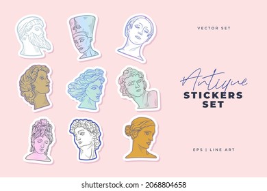 Linear drawings of heads of antique statues of the goddess and mythical god in the engraving style. Stickers collection.