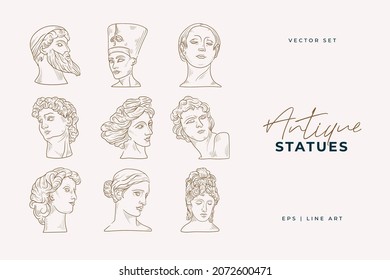 Dibujos lineales de cabezas de estatuas antiguas de la diosa y dios mítico al estilo de grabado. Vector de mujer minimalista creativo con rama creciente de su cabeza.