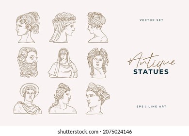 Linear drawings of heads of antique statues of the goddess and mythical god in the engraving style. Creative minimal linear woman vector with growing branch from her head.