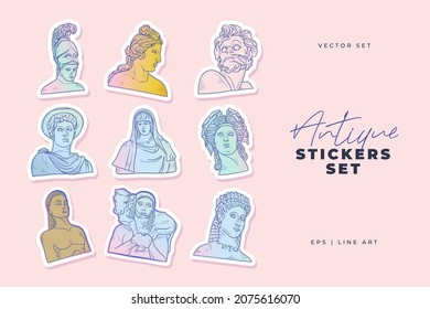 Linear drawings of heads of antique statues of the goddess and mythical god in the engraving style. Stickers collection.