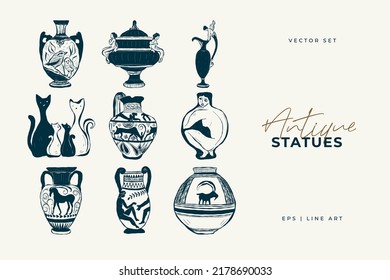 Linear drawings of heads of antique statues of the goddess and mythical god in the engraving style. Creative minimal linear woman vector with growing branch from her head.