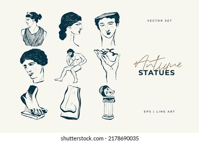 Linear drawings of heads of antique statues of the goddess and mythical god in the engraving style. Creative minimal linear woman vector with growing branch from her head.