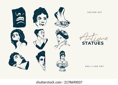 Linear drawings of heads of antique statues of the goddess and mythical god in the engraving style. Creative minimal linear woman vector with growing branch from her head.