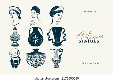 Linear drawings of heads of antique statues of the goddess and mythical god in the engraving style. Creative minimal linear woman vector with growing branch from her head.