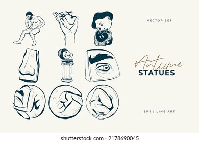 Linear drawings of heads of antique statues of the goddess and mythical god in the engraving style. Creative minimal linear woman vector with growing branch from her head.