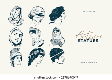 Linear drawings of heads of antique statues of the goddess and mythical god in the engraving style. Creative minimal linear woman vector with growing branch from her head.