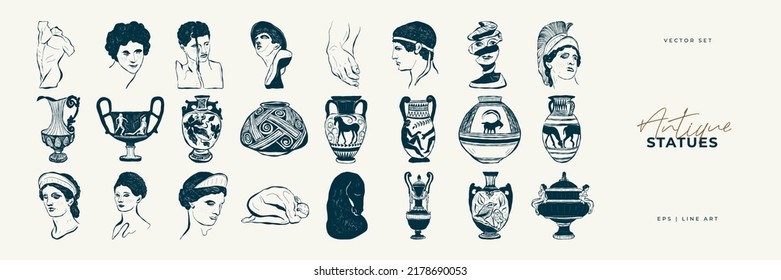 Linear drawings of heads of antique statues of the goddess and mythical god in the engraving style. Creative minimal linear woman vector with growing branch from her head.