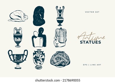 Linear drawings of heads of antique statues of the goddess and mythical god in the engraving style. Creative minimal linear woman vector with growing branch from her head.