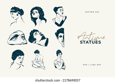 Dibujos lineales de cabezas de estatuas antiguas de la diosa y dios mítico al estilo de grabado. Vector de mujer minimalista creativo con rama creciente de su cabeza.