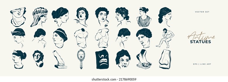 Linear drawings of heads of antique statues of the goddess and mythical god in the engraving style. Creative minimal linear woman vector with growing branch from her head.