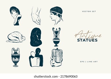 Linear drawings of heads of antique statues of the goddess and mythical god in the engraving style. Creative minimal linear woman vector with growing branch from her head.