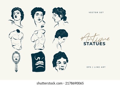 Linear drawings of heads of antique statues of the goddess and mythical god in the engraving style. Creative minimal linear woman vector with growing branch from her head.