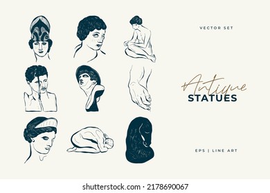 Linear drawings of heads of antique statues of the goddess and mythical god in the engraving style. Creative minimal linear woman vector with growing branch from her head.