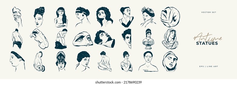 Dibujos lineales de cabezas de estatuas antiguas de la diosa y dios mítico al estilo de grabado. Vector de mujer minimalista creativo con rama creciente de su cabeza.