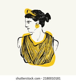 Linear drawings of heads of antique statues of the goddess and mythical god in the engraving style. Creative minimal linear woman vector with growing branch from her head.