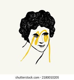 Linear drawings of heads of antique statues of the goddess and mythical god in the engraving style. Creative minimal linear woman vector with growing branch from her head.