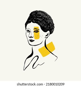 Linear drawings of heads of antique statues of the goddess and mythical god in the engraving style. Creative minimal linear woman vector with growing branch from her head.