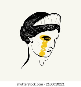 Linear drawings of heads of antique statues of the goddess and mythical god in the engraving style. Creative minimal linear woman vector with growing branch from her head.