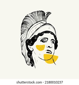 Linear drawings of heads of antique statues of the goddess and mythical god in the engraving style. Creative minimal linear woman vector with growing branch from her head.