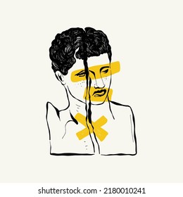 Linear drawings of heads of antique statues of the goddess and mythical god in the engraving style. Creative minimal linear woman vector with growing branch from her head.