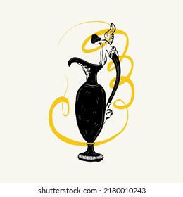 Linear drawings of heads of antique statues of the goddess and mythical god in the engraving style. Creative minimal linear woman vector with growing branch from her head.
