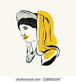 Linear drawings of heads of antique statues of the goddess and mythical god in the engraving style. Creative minimal linear woman vector with growing branch from her head.