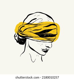 Linear drawings of heads of antique statues of the goddess and mythical god in the engraving style. Creative minimal linear woman vector with growing branch from her head.